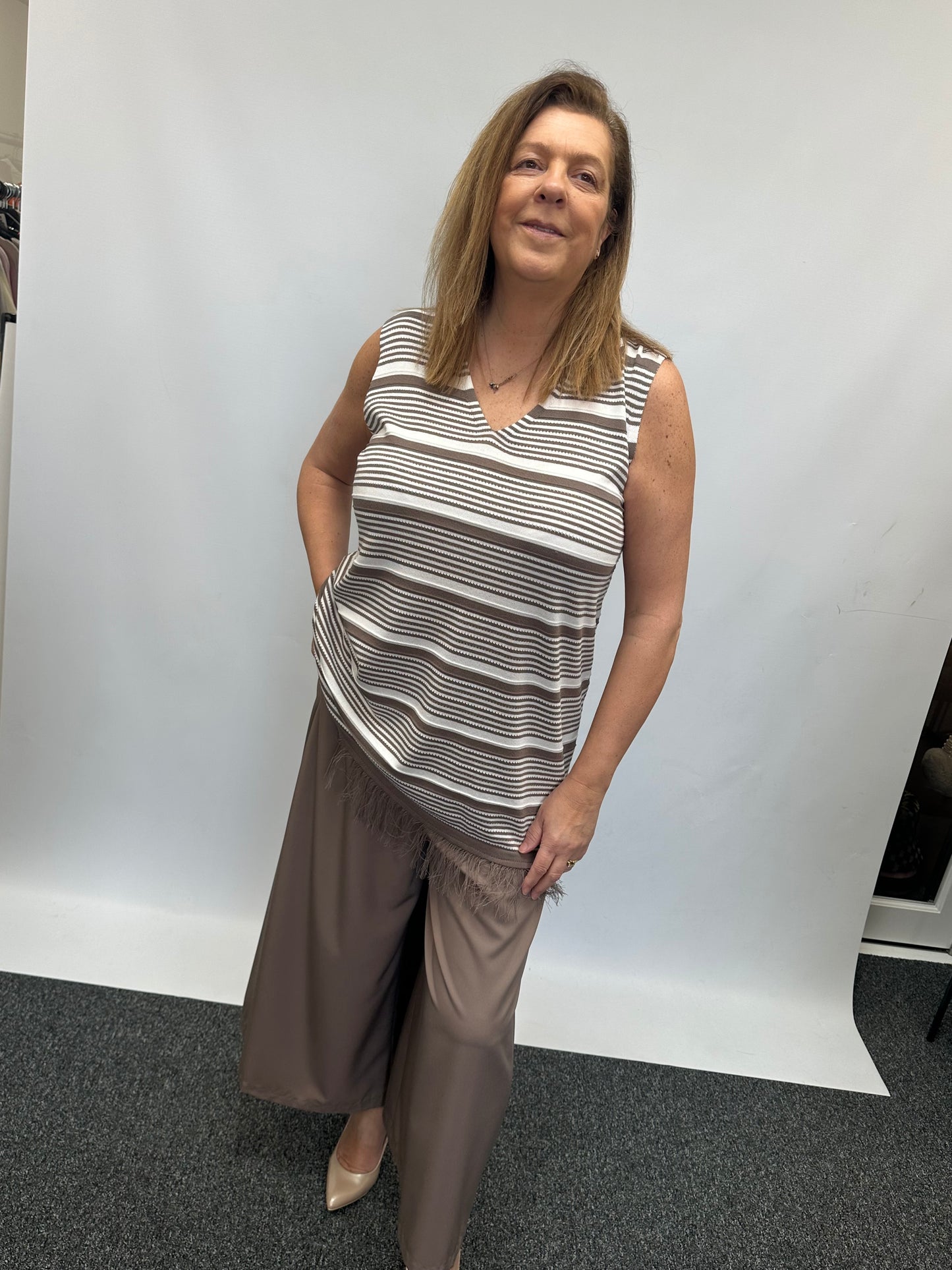 Malissa J Sleeveless Striped Knit Top with Frayed Edge - Latte