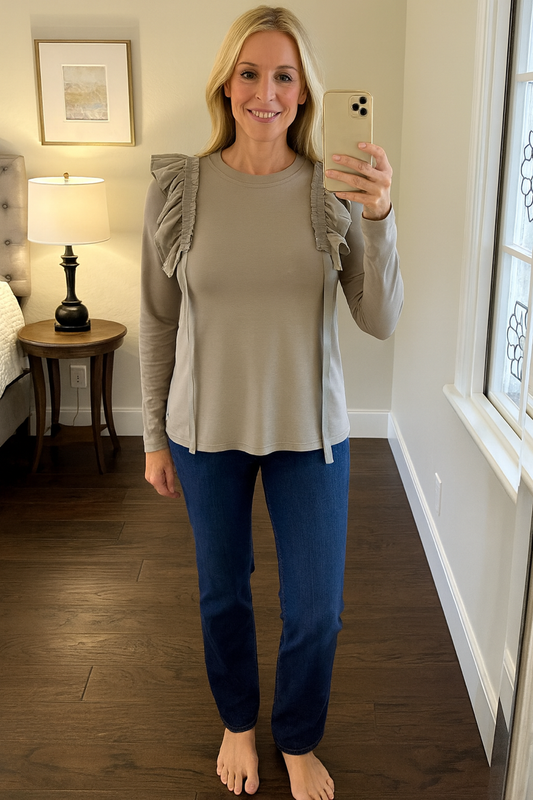 Malissa J Ruffle Shoulder Top Mushroom