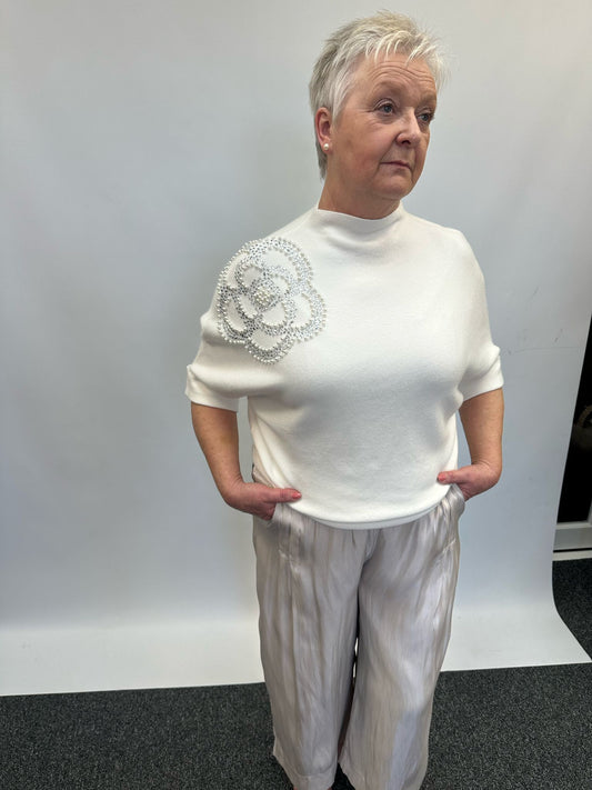 Malissa J High Neck Jumper with Flower Detail - White