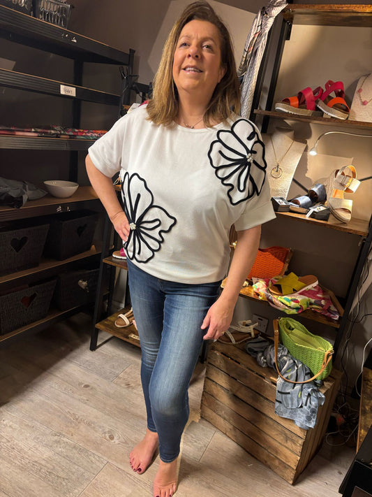 Malissa J Jumper with Flower and Pearl Detail - White
