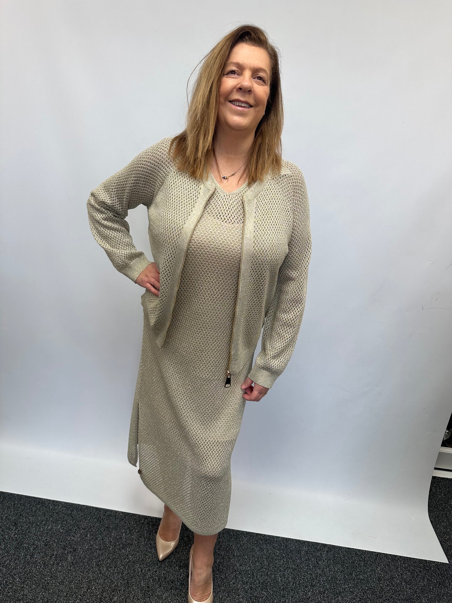 Malissa J Metallic Open Knit Dress  - Gold